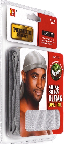 PREMIUM QUALITY COCONUT OIL TREATED SHINE SILKY DURAG WITH LONG TAIL (SILVER) 